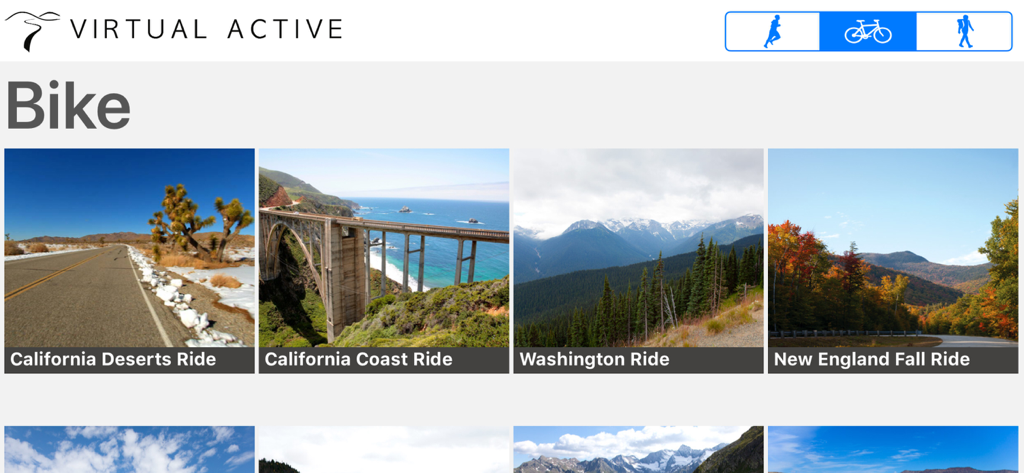 Virtual Active - A menu of virtual bike ride locations in the Virtual Active app including California Coast and Washington.