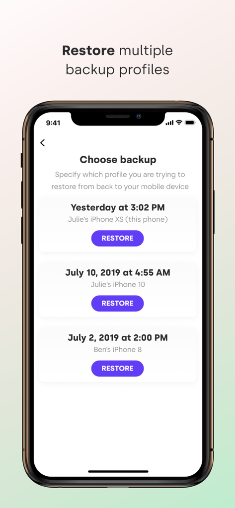 Screenshot of the SanDisk Ixpand Charger app showing a list of multiple backup profiles for different family members' iPhones with restore buttons