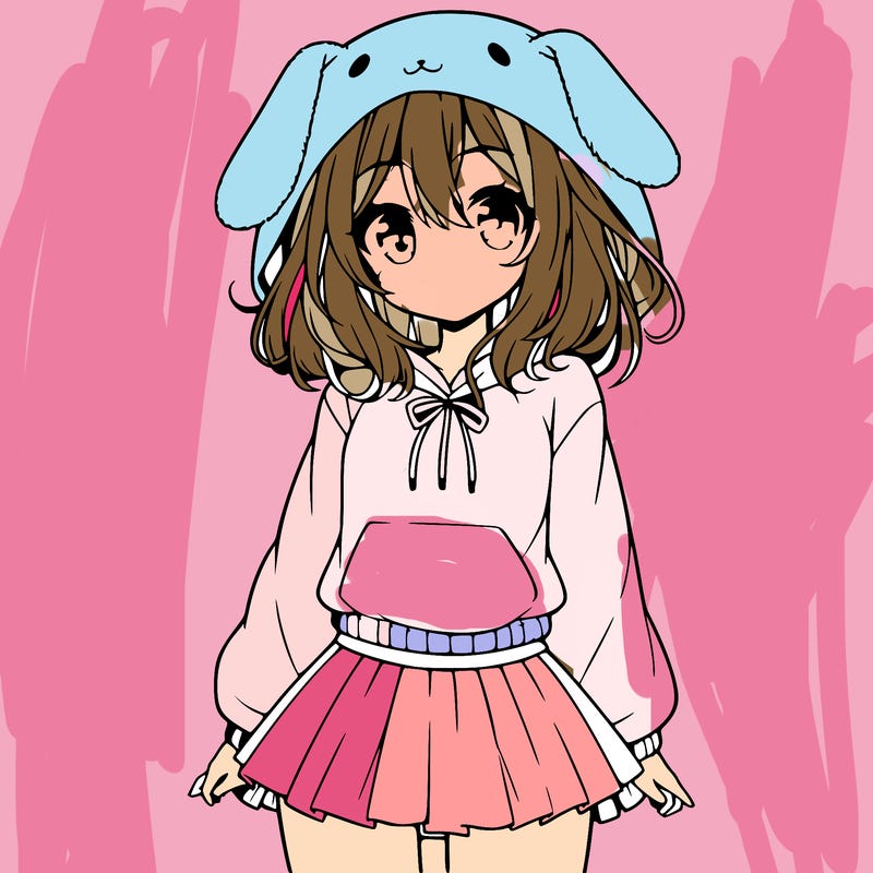 pretty anime girl wearing a fluffy hoodie with bunny ears on the hood and a skirt