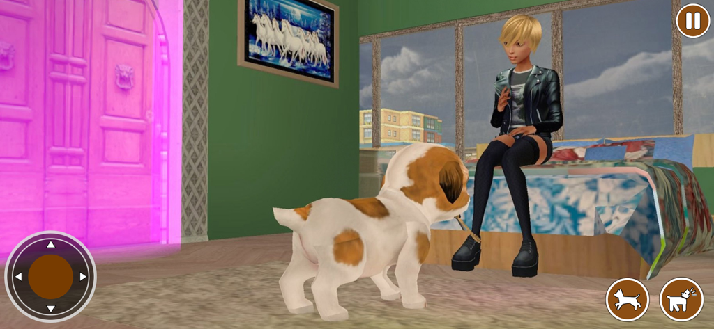Un cachorro virtual de pie en una habitación mirando a su dueño sentado en una cama en el juego Dog Simulator
