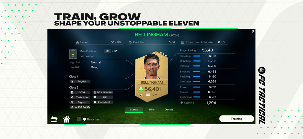 EA SPORTS FC™ Tactical - EA SPORTS FC Tactical interface showing Jude Bellingham player stats and training menu