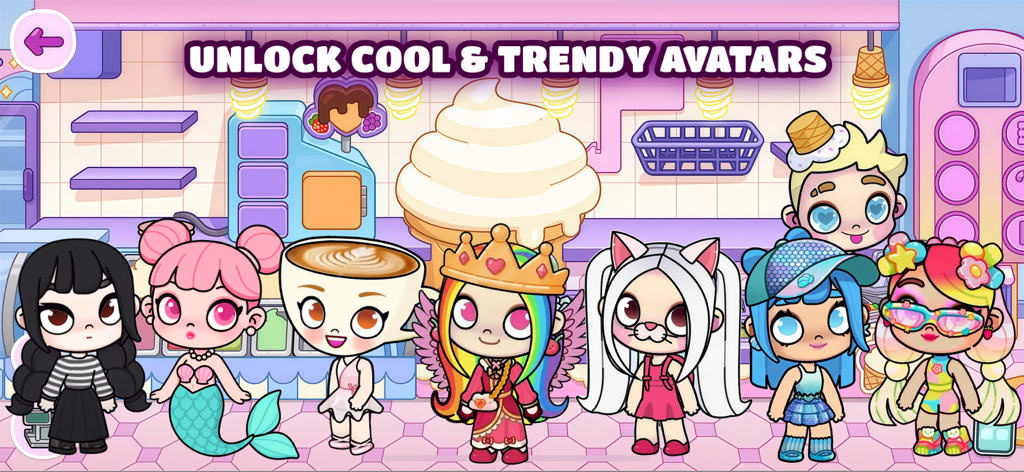 Aesthetic Avatar World Mods - A collection of trendy and aesthetic avatars in an ice cream shop setting from the Aesthetic Avatar World Mods app