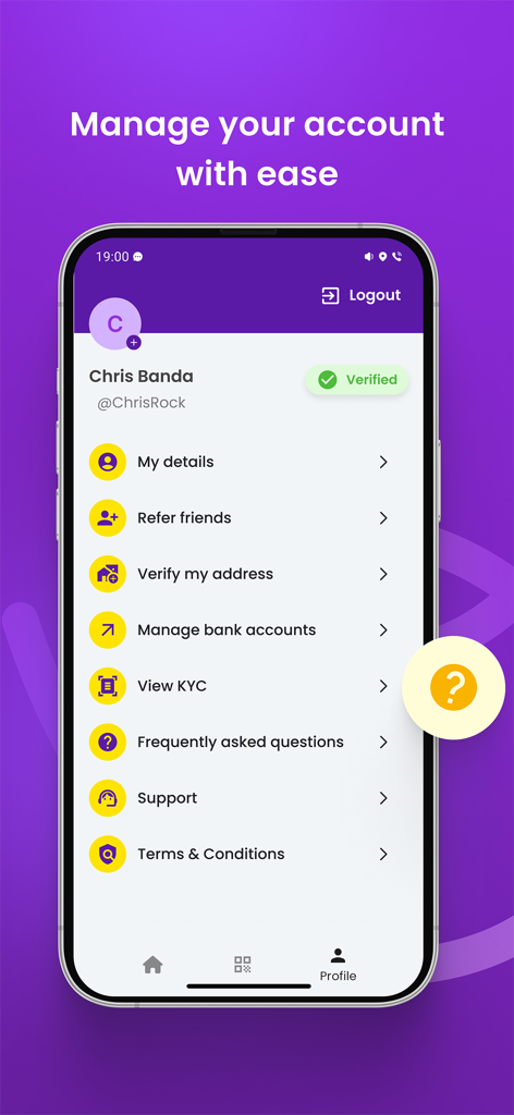 Profile screen of the Zeam app showing account settings and support options on a smartphone.