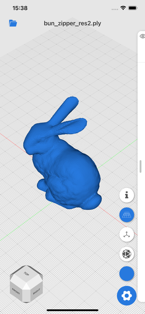 Viewer3D - Viewer3D mobile app interface displaying a 3D blue bunny model in PLY format