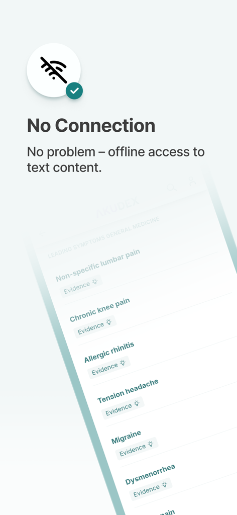 AKUDEX Acupuncture - AKUDEX App-Oberfläche, die Offline-Zugriff auf medizinische Symptome und Akupunktur-Beweise zeigt