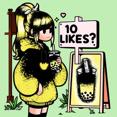 girl with oversized hoodie drinking boba and she has a high ponytail with a sign that says 10likes?