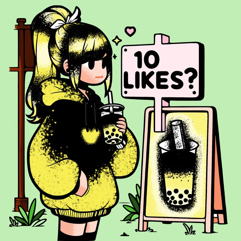 girl with oversized hoodie drinking boba and she has a high ponytail with a sign that says 10likes?
