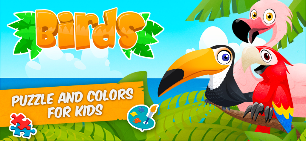 Birds: Puzzles & Games Kids 2+ - Écran d'accueil de l'application Oiseaux Puzzles et Couleurs pour enfants présentant un toucan et un flamant rose