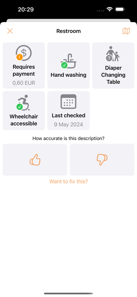 Water Finder — Find Fountains - Screen displaying restroom features including wheelchair access and payment requirements