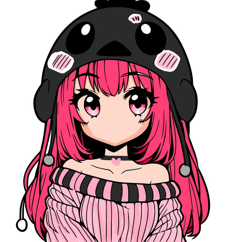 anime girl with chick shaped hat with sweater with bare shoulders with bangs covering them one eye with low tail