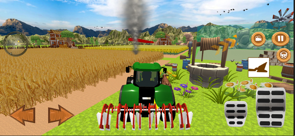 Real Farming Tractor 3D - Un tractor verde arando un campo de trigo dorado en un entorno de simulación de granja 3D.