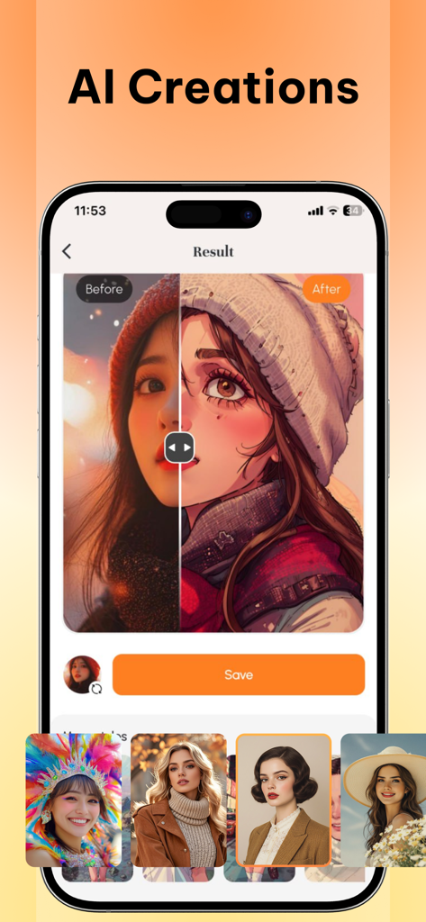 Auralis: AI Photo Studio - Auralis app displaying a before and after comparison of a photo transformed into AI digital art.