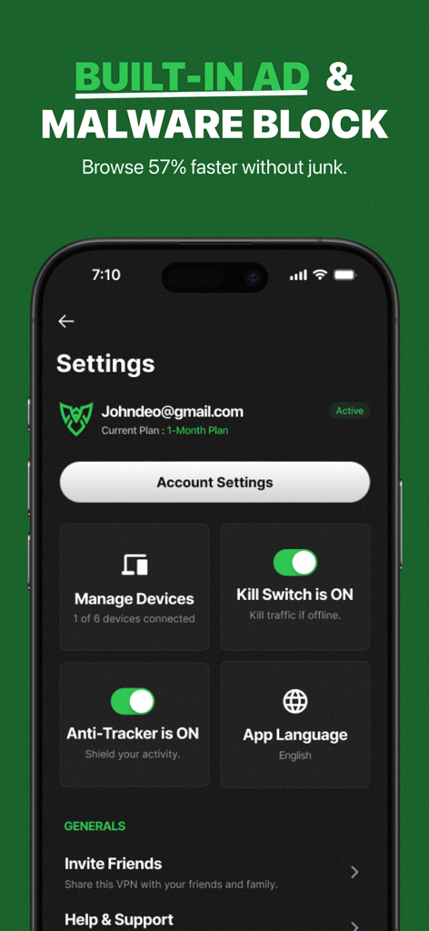 Urban Shield VPN - Settings screen of the Urban Shield VPN app highlighting the Kill Switch and Anti-Tracker features with a header for ad and malware blocking.