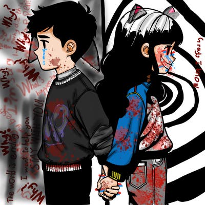 two friends back to back, holding hands, realistic