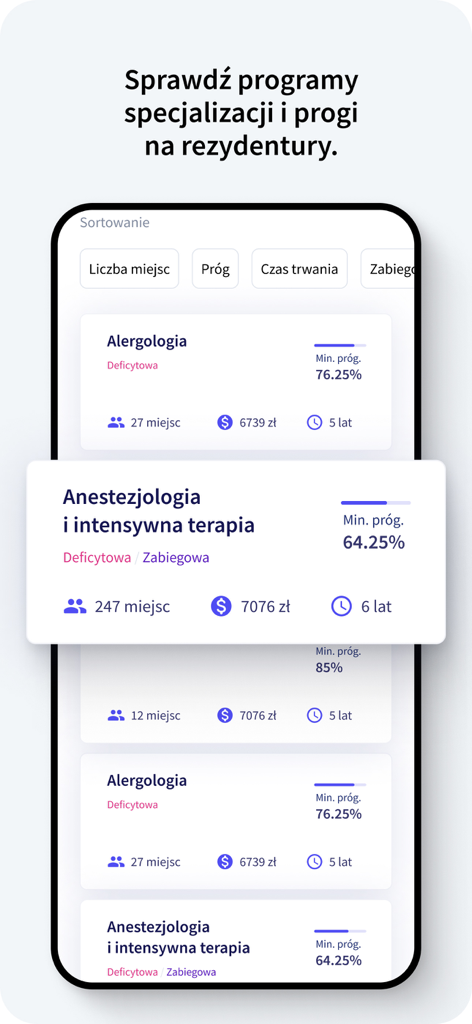 Remedium - Remedium mobile app screen displaying medical residency specialization programs with data on available spots and salary thresholds