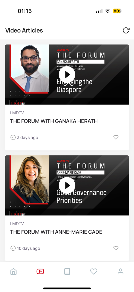 LMDi - LMDi mobile app displaying business video articles and interviews with industry leaders from The Forum.