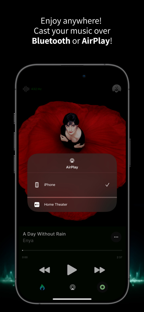HZP (Hertz Player) - Interfaz de la aplicación HZP que muestra opciones de AirPlay para transmitir música reafined a dispositivos externos como Home Theater