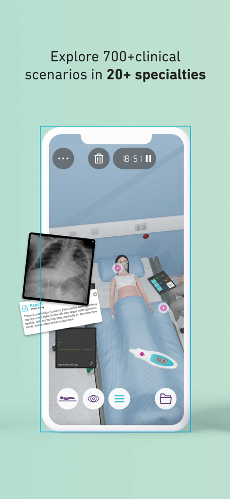 Body Interact - Clinical simulation interface in Body Interact showing a virtual patient and medical reports