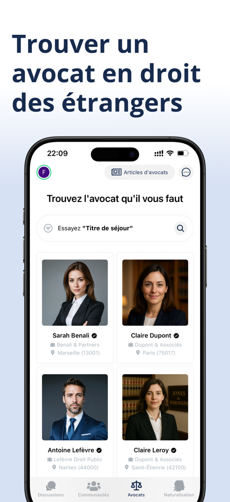 Sospréf: démarches préfecture - Interfaz de la aplicación Sospref que muestra un directorio de abogados especializados en derecho de inmigración francés con perfiles y ubicaciones.