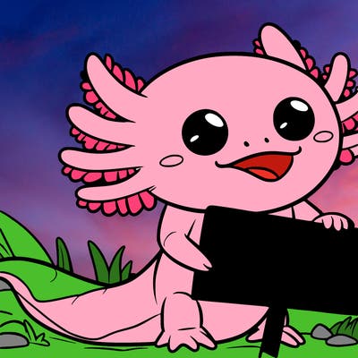 axolotl with a sign that says tysm for 34 followers animated super cute