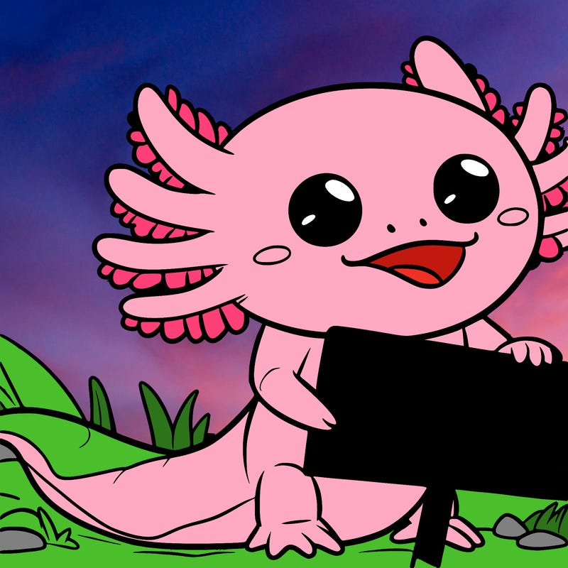 axolotl with a sign that says tysm for 34 followers animated super cute