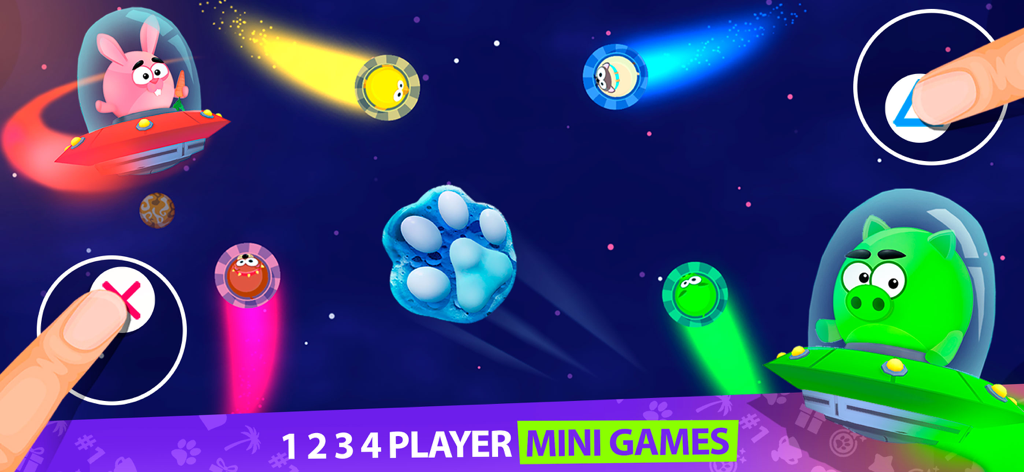 2 3 4 Player Party Mini Games - Mini-jeu sur le thème de l'espace montrant le multijoueur local avec des personnages de dessin animé dans des OVNI