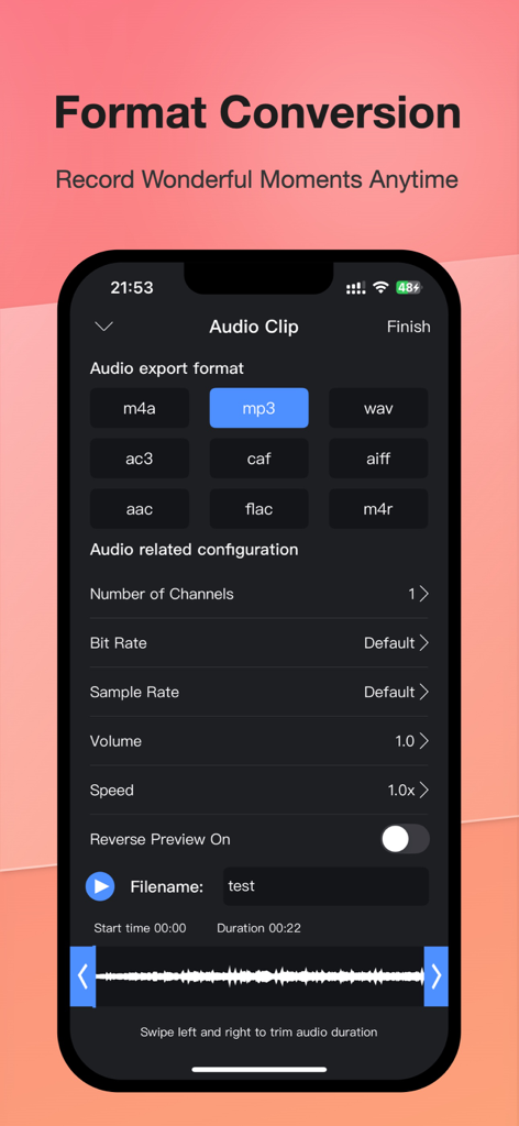 Audio Extractor &MP3 Converter - Audio format conversion screen showing MP3 export and technical settings
