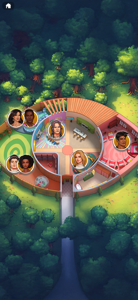 Top down view of the circular Big Brother house layout showing character avatars in different rooms within a forest setting