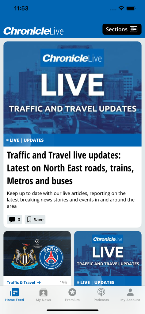 Newcastle Chronicle - クロニクル・ライブのモバイルアプリのホームフィード。イングランド北東部のライブ交通・旅行情報が表示されています。