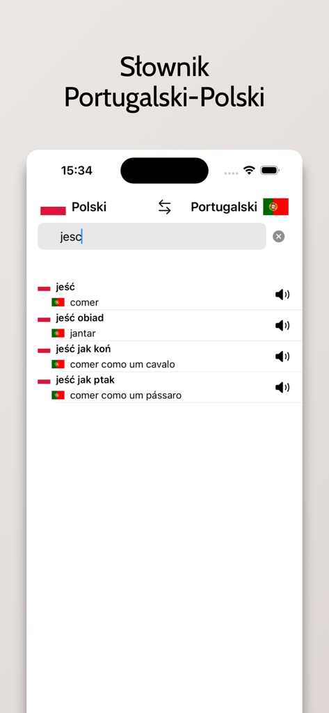 Słownik Portugalski-Polski - Captura de tela de um aplicativo de dicionário polonês-português mostrando traduções de palavras e recursos de pronúncia.