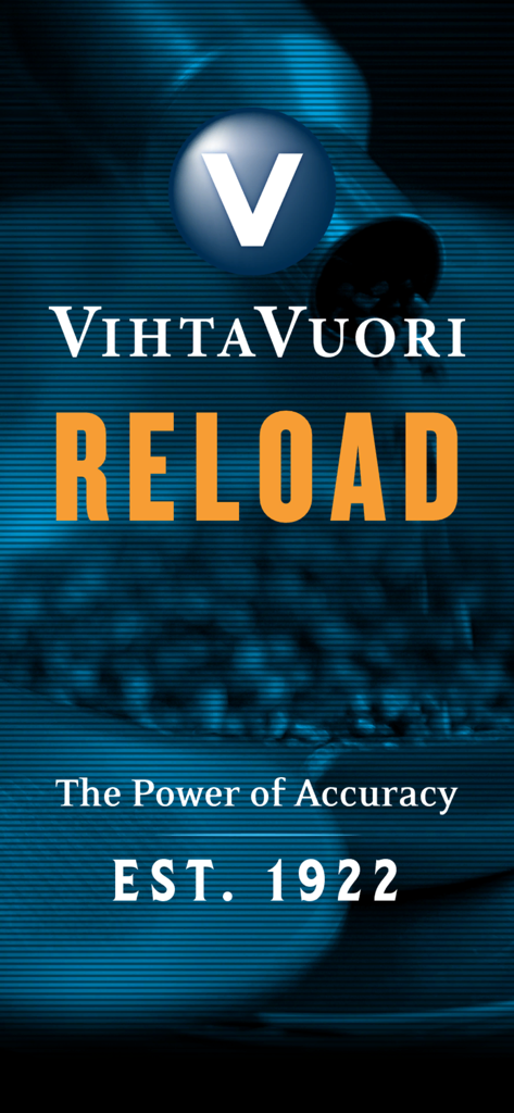 Vihtavuori Reload - Tela inicial do aplicativo Vihtavuori Reload com o logotipo da marca e o slogan The Power of Accuracy EST 1922