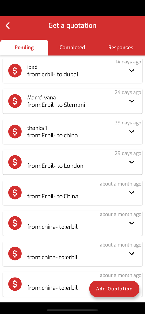 Interface of ZMC Express Cargo app showing a list of pending shipping quotations