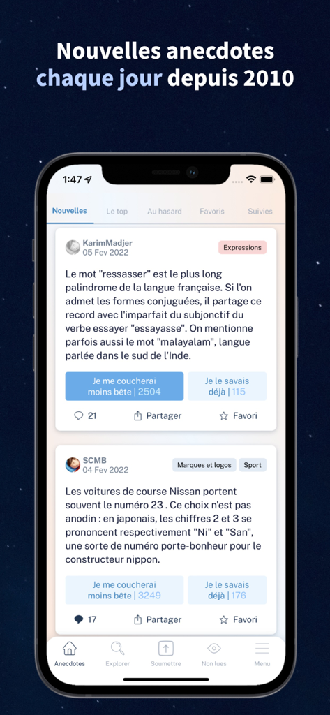 Se Coucher Moins Bête - Mobile app interface of Se Coucher Moins Bete showing a feed of trivia facts and educational anecdotes