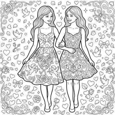 Embrace the spirit of love with this delightful Valentine's Day coloring page featuring two friends in charming sundresses. Adorned with hearts, cupids, and roses, it's a perfect blend of fashion and romance.