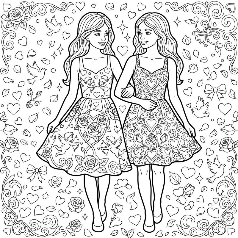 Embrace the spirit of love with this delightful Valentine's Day coloring page featuring two friends in charming sundresses. Adorned with hearts, cupids, and roses, it's a perfect blend of fashion and romance.