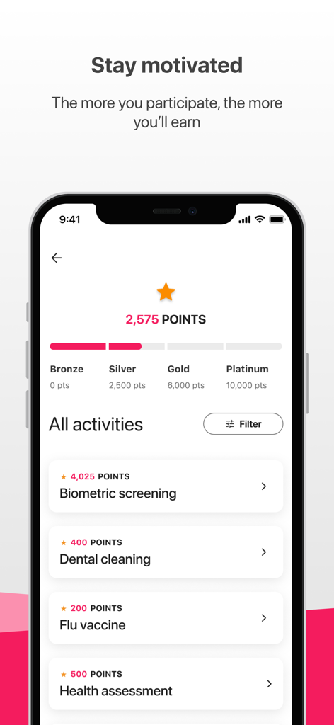 Power of Vitality app interface showing 2,575 points, silver status level, and a list of health activities like biometric screening and dental cleaning for earning rewards.