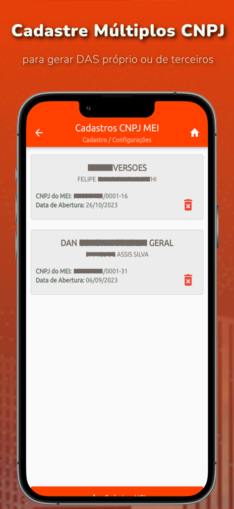 DAS MEI - Emitir Boleto MEI - Pantalla de la aplicación móvil que muestra la gestión de múltiples registros de CNPJ para microempresarios brasileños