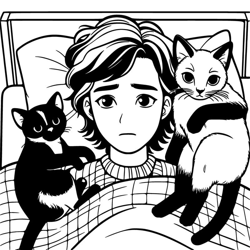 a 25 year old depressed girl laying on top of her bed with her two cats. one is a tuxedo cat and the other is a skinny saimese lynx point.