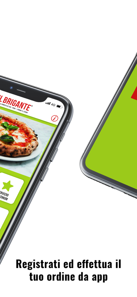 Il Brigante Pizzeria - Il Brigante Pizzeria mobile app interface showing a wood fired pizza and registration text