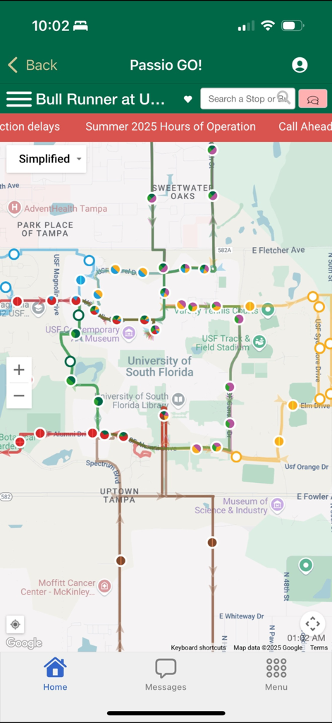 MyUSF Mobile - University of South Florida Bull Runner shuttle bus routes and stops shown on a campus map in the MyUSF Mobile app.