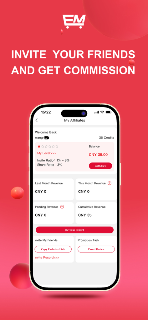 Eastmallbuy - Interface do aplicativo Eastmallbuy mostrando o painel de afiliados com rastreamento de comissões e links de referência