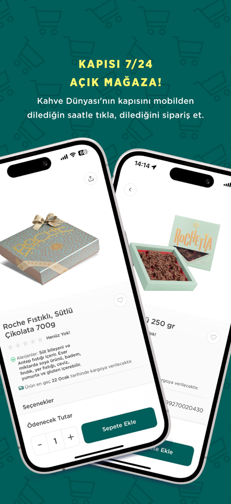 Kahve Dunyasi mobile app screen showing chocolate products for purchase