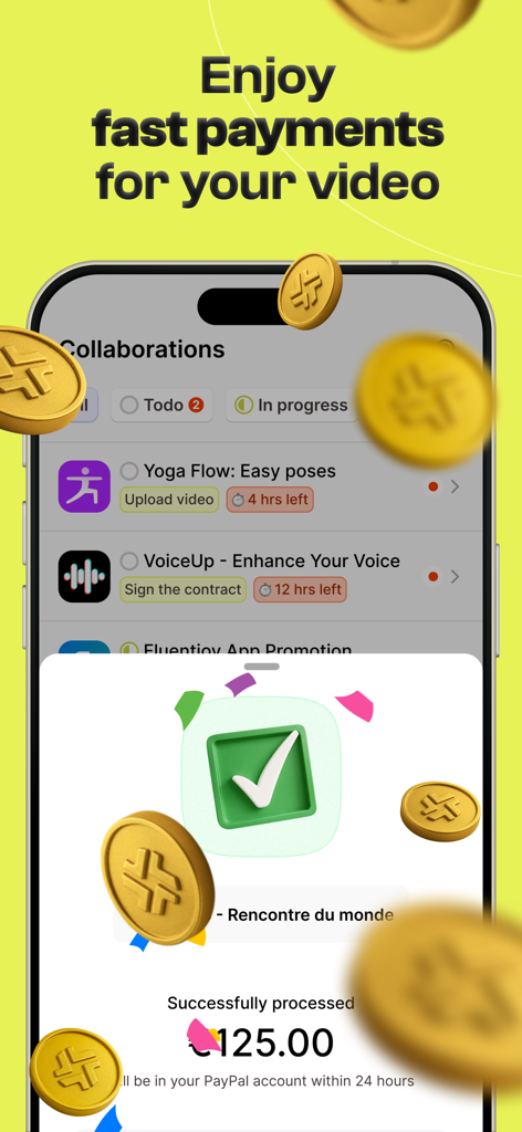 Interfaz de la app Ramdam mostrando una notificación de procesamiento de pago exitoso de 125 Euros con monedas de oro flotantes