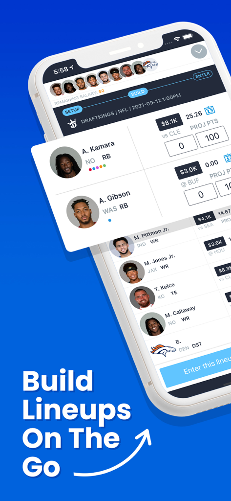 Mobile interface of the RotoGrinders app showing NFL fantasy lineup building for DraftKings