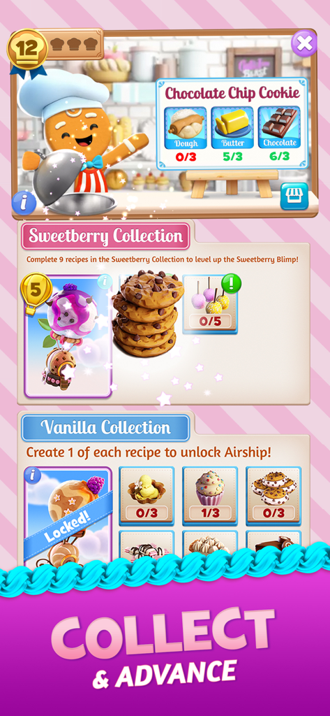 Cookie Jam Blast game menu showing Sweetberry and Vanilla recipe collections for unlocking airships