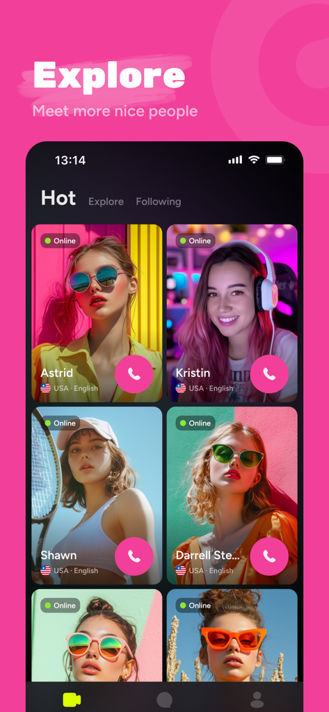 Wee - Online Video Chat - Interfaz de la aplicación Wee que muestra una cuadrícula de usuarios en línea disponibles con iconos de videollamada