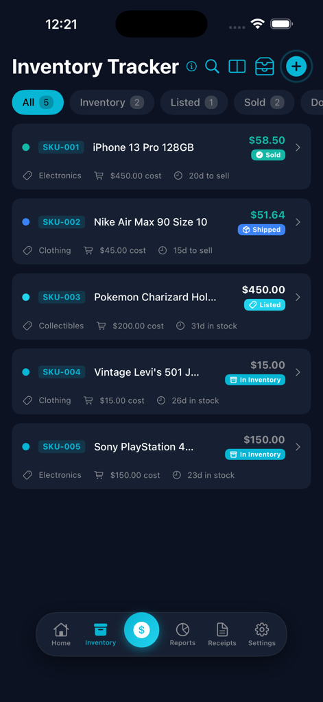 Flip Profit Calculator - Inventory tracker screen showing reselling items with status badges for sold and listed products