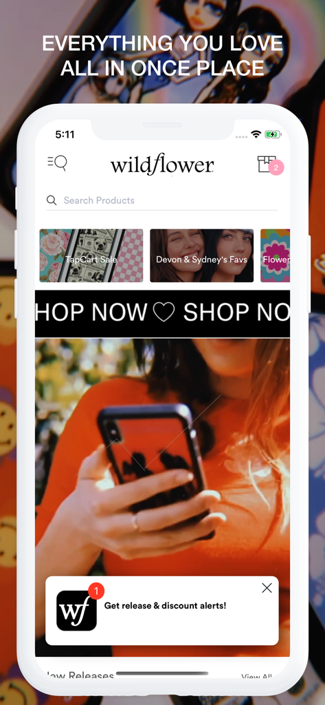 Wildflower Cases - Schermata principale dell'app mobile Wildflower Cases che mostra prodotti in evidenza e avvisi di sconto