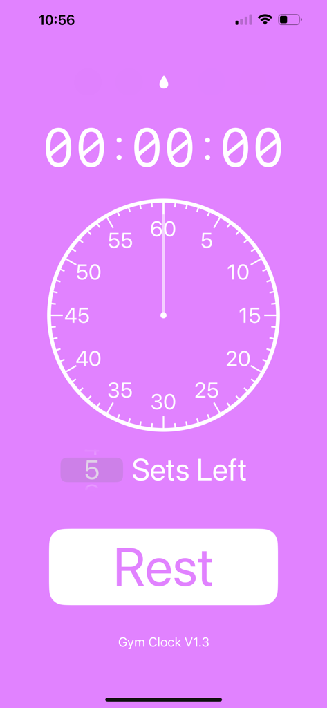 GymClock. - GymClock app interface with a digital timer sets left indicator and a rest button