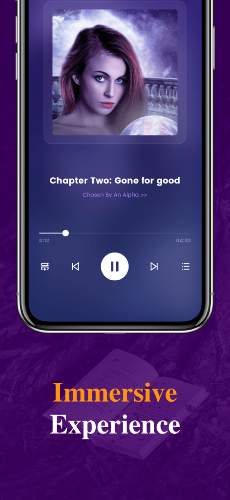 Funtel-Stories&Books,Webnovels - A smartphone screen displaying the Funtel audiobook player interface with a paranormal romance story cover and the text Immersive Experience.